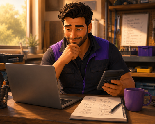 Tradie calculating his marketing budget at a desk with a laptop and notebook.