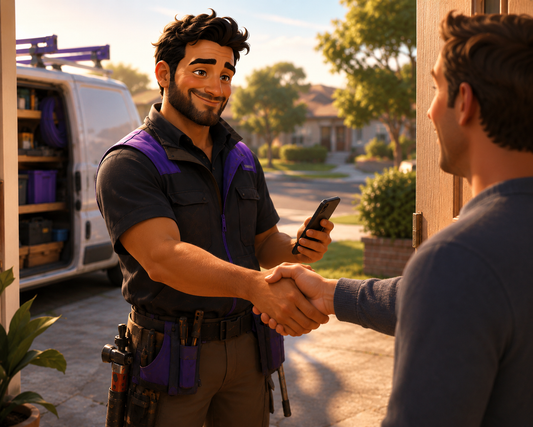 Tradie shaking hands with a happy customer after a word-of-mouth referral job.