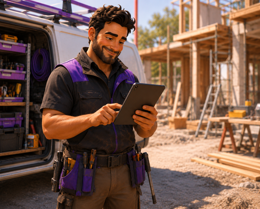 Tradie reviewing a high quality lead enquiry on a tablet at a job site.