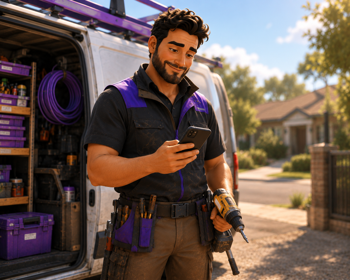 Tradie replying quickly to a new lead on his phone while still on the job site.