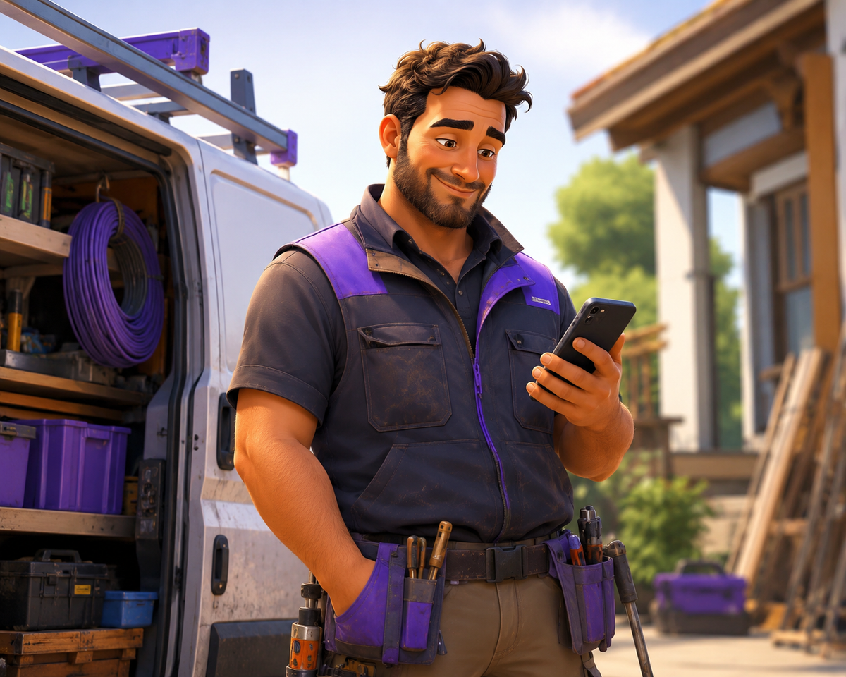 Tradie checking phone for a customer reply after sending a follow-up on a quote