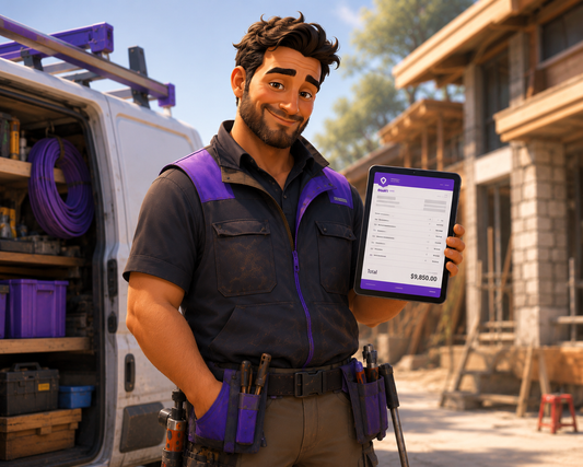 Tradie reviewing a quote on a tablet at a job site before sending it to a customer
