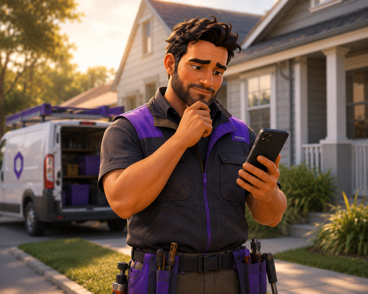 Tradie reviewing his phone outside a house, puzzled about a quote that went quiet