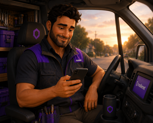 Tradie calmly checking his phone before sending a follow-up to a quiet customer