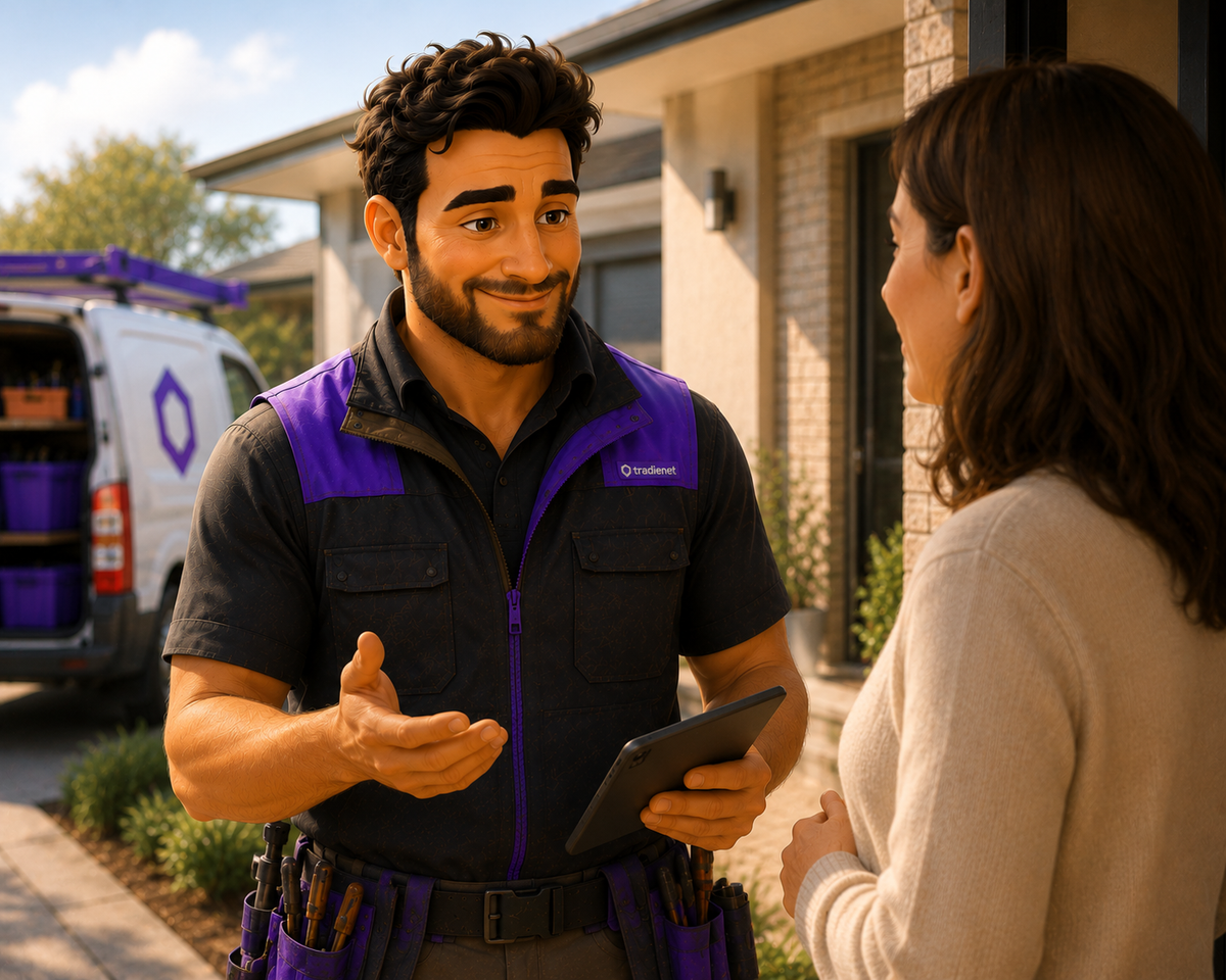Tradie calmly explaining his pricing to a homeowner without discounting