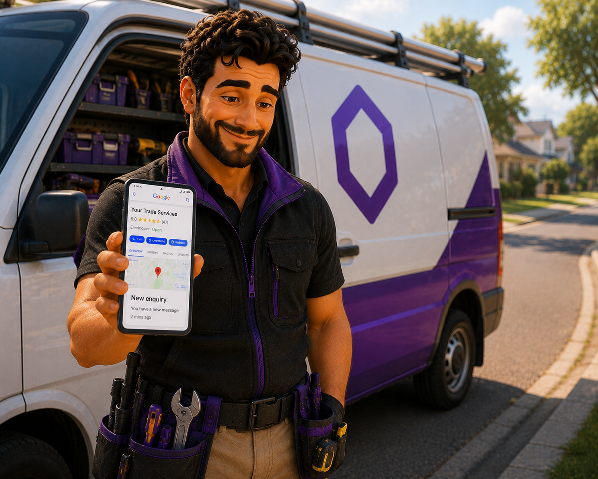 Tradie checking new enquiries on his phone from his branded work van
